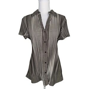 Apt. 9 XL Button Front Blouse Brown White Polka Dot Stretch Career Top Retro